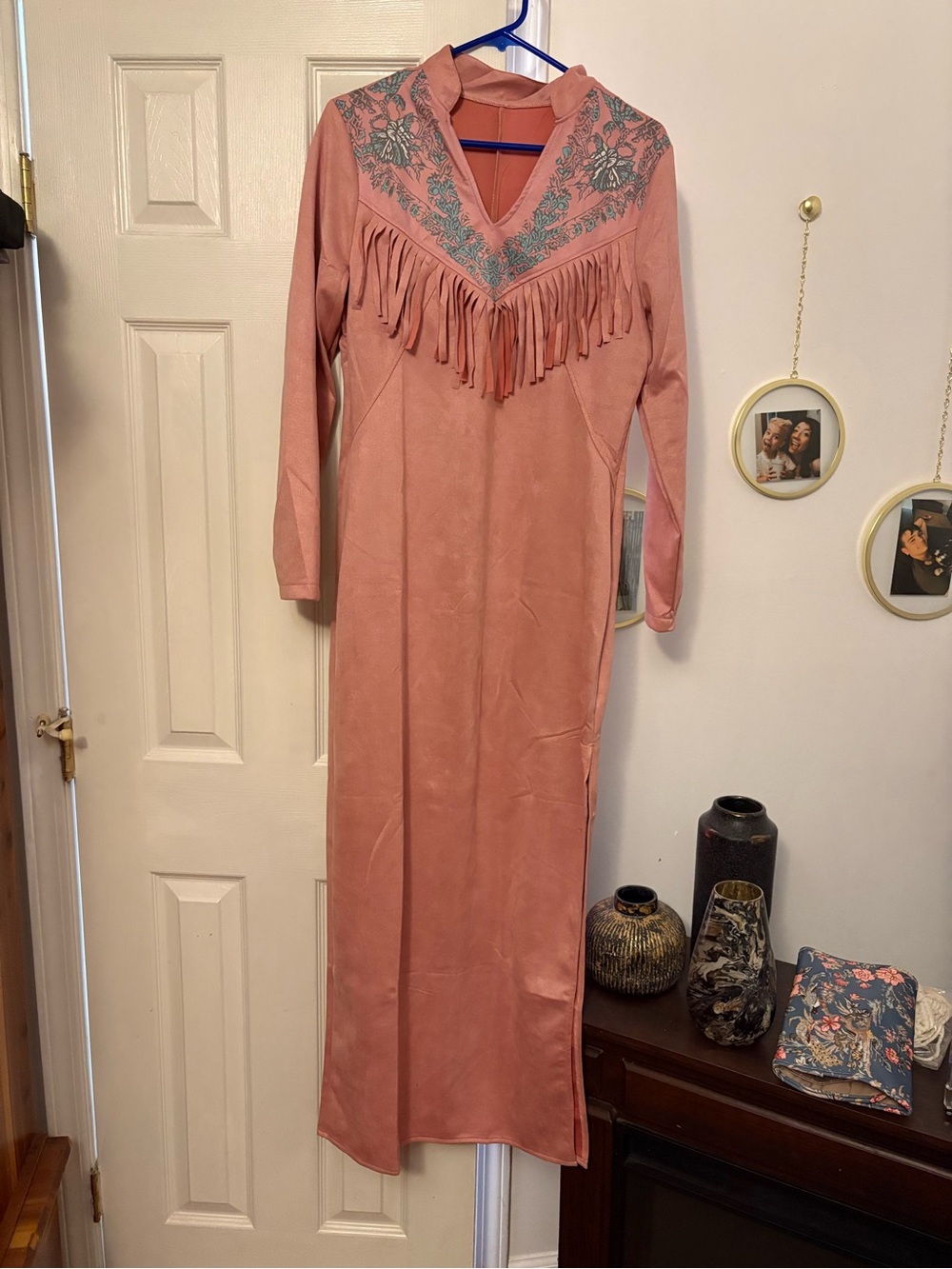 SHEIN Dusty Pink Fringe Embroidered Long Sleeve Maxi Dress